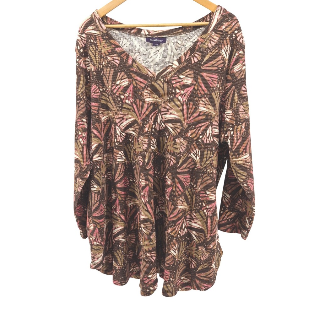Roamans Plus Size 1X 22/24 Long Sleeve Butterfly‎ Print Textured Top Brown Tunic
